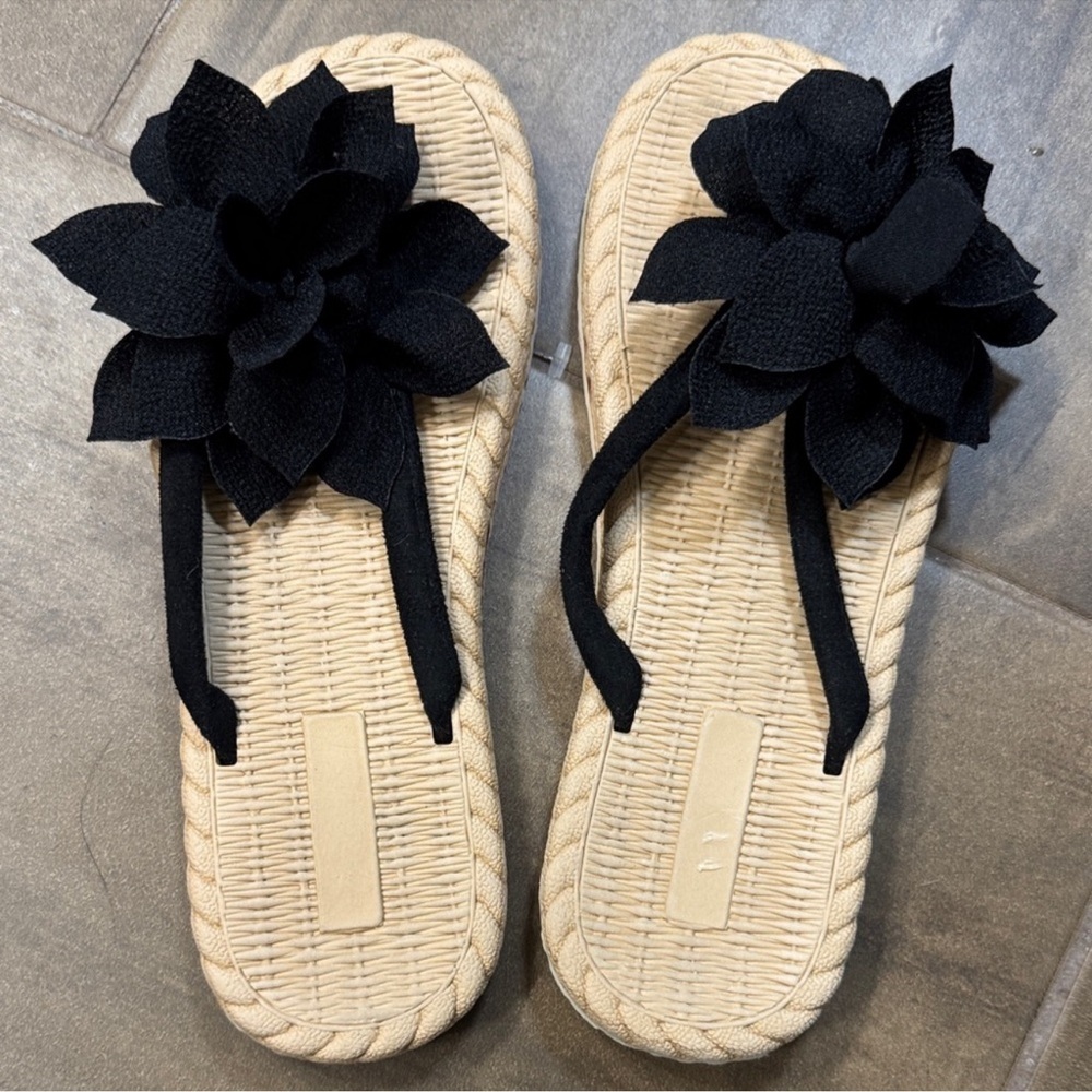 Black Flower Flip Flop Sandals Straw Look Beach Slides Size 8